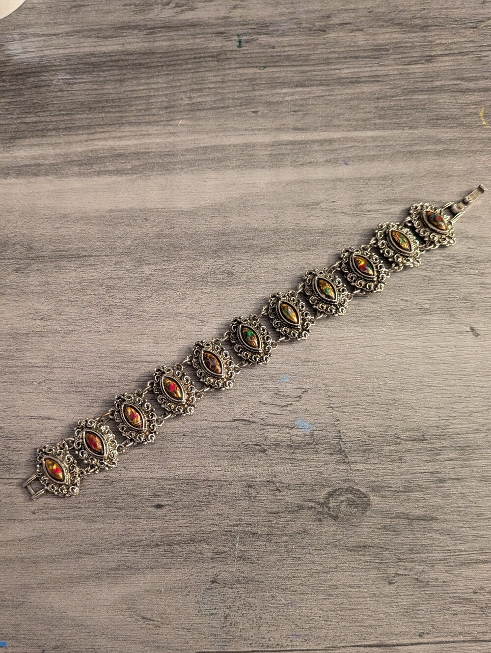 Vintage Victorian Revival 6.5" Silver Tone Ornate Link Bracelet – Rainbow Dragon